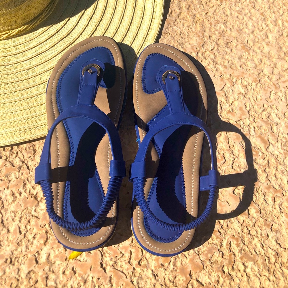 Royal blue sandals with gold detail. Elastic grip backing.